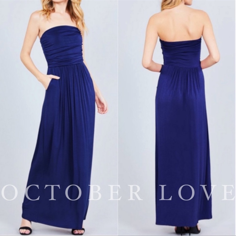 Navy blue strapless maxi dress with pockets